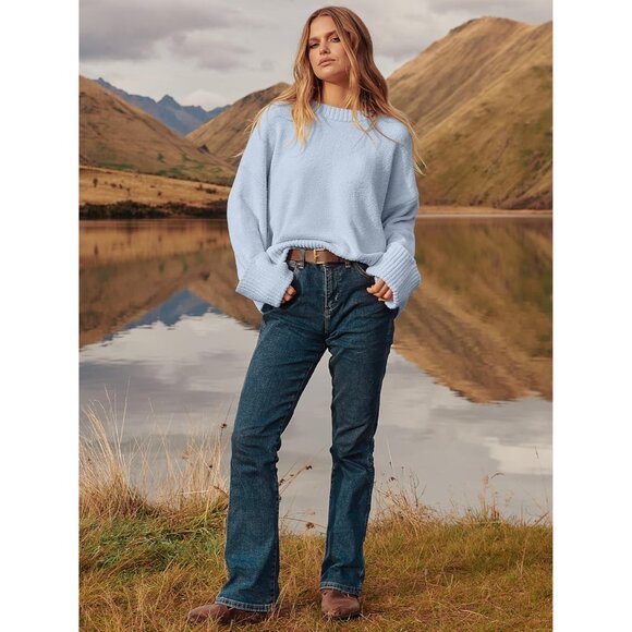 Women's Oversized Sweater Fuzzy Light Blue Long Sleeve Casual Chunky Pullover - Picture 7 of 9